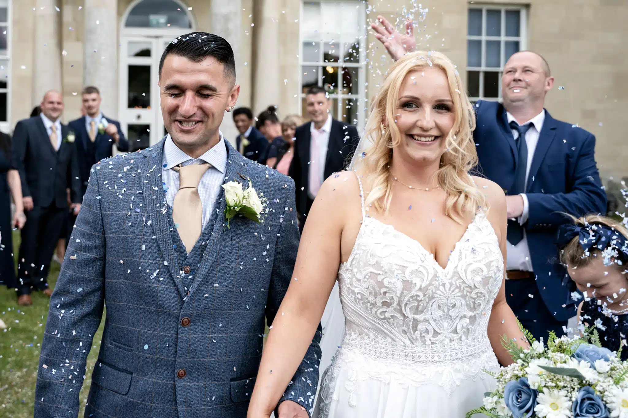 bride and groom confetti shot at Hitchin Priory